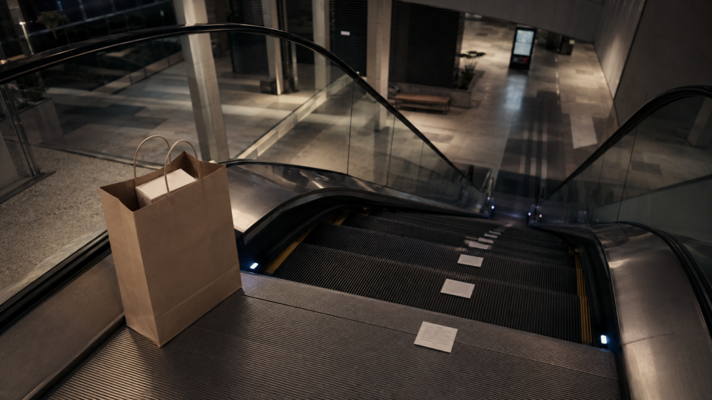 Sacola de compras e comprovantes sobre uma escada rolante representam o custo de comprar parcelado.